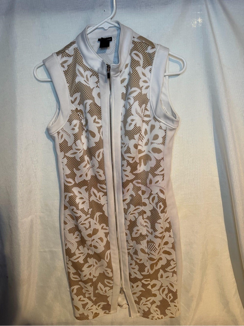 Sleeveless White Dress with Beige Lace-Overlay and Zip Front